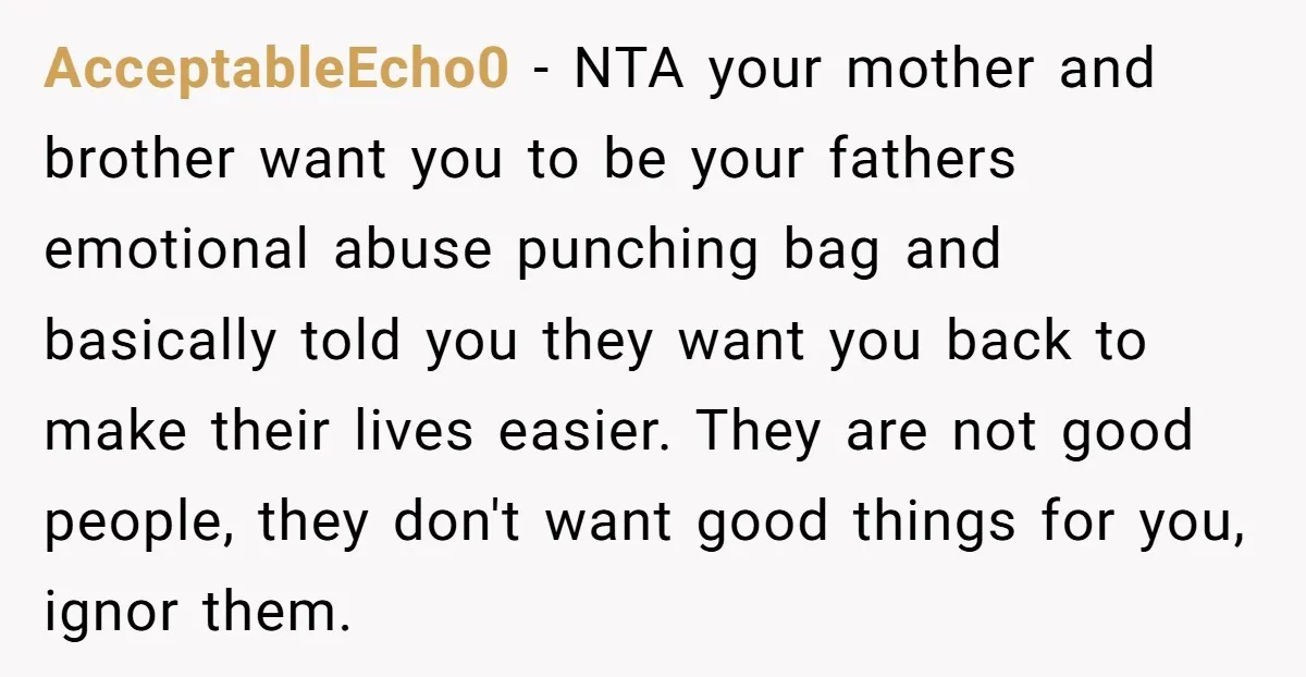 AcceptableEcho0 − NTA your mother and brother want you to be your fathers emotional abuse punching bag and basically told you they want you back to make their lives easier....