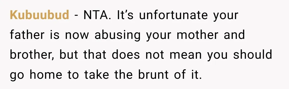 Kubuubud − NTA. It’s unfortunate your father is now abusing your mother and brother, but that does not mean you should go home to take the brunt of it.