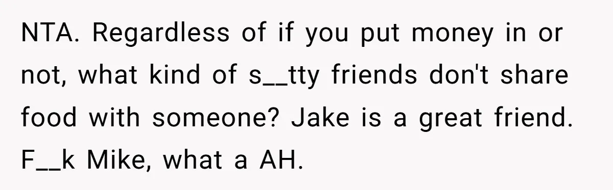NTA. Regardless of if you put money in or not, what kind of s__tty friends don't share food with someone? Jake is a great friend. F__k Mike, what a AH.