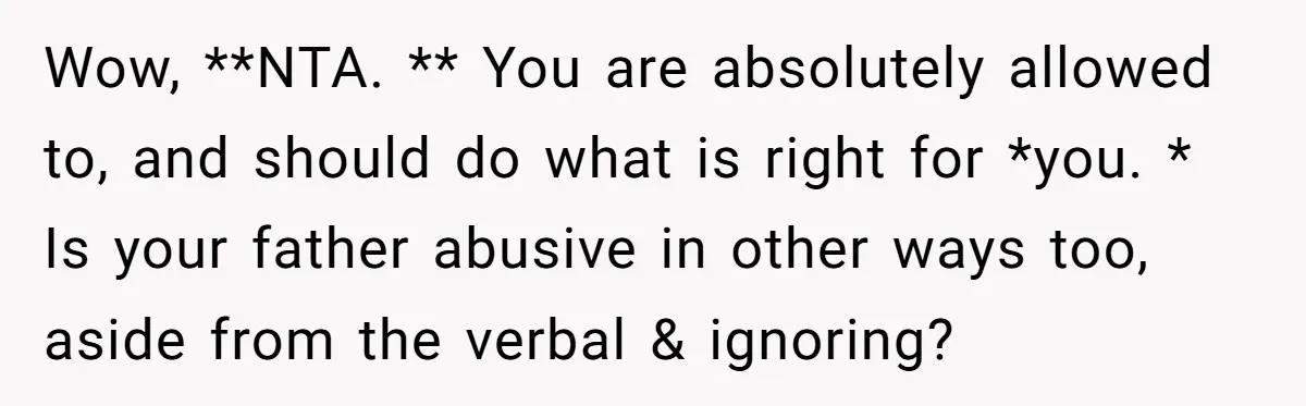 Wow, **NTA. ** You are absolutely allowed to, and should do what is right for *you. * Is your father abusive in other ways too, aside from the verbal &...