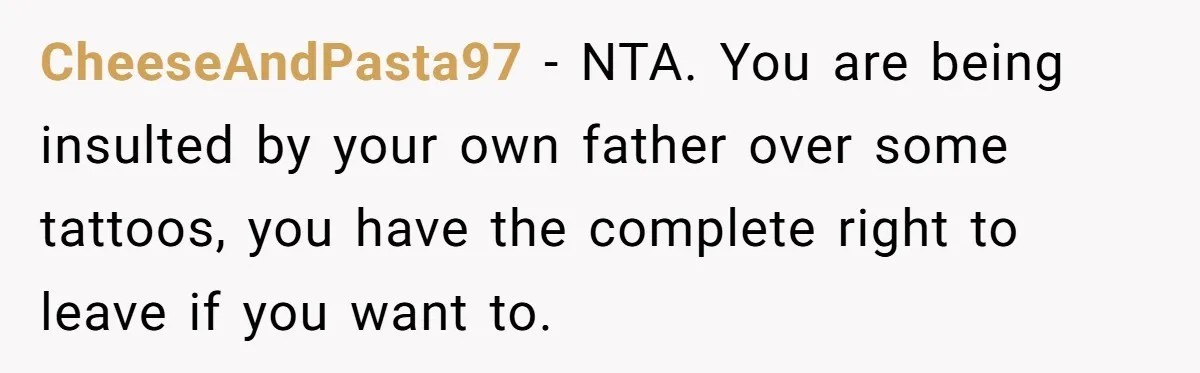 CheeseAndPasta97 − NTA. You are being insulted by your own father over some tattoos, you have the complete right to leave if you want to.