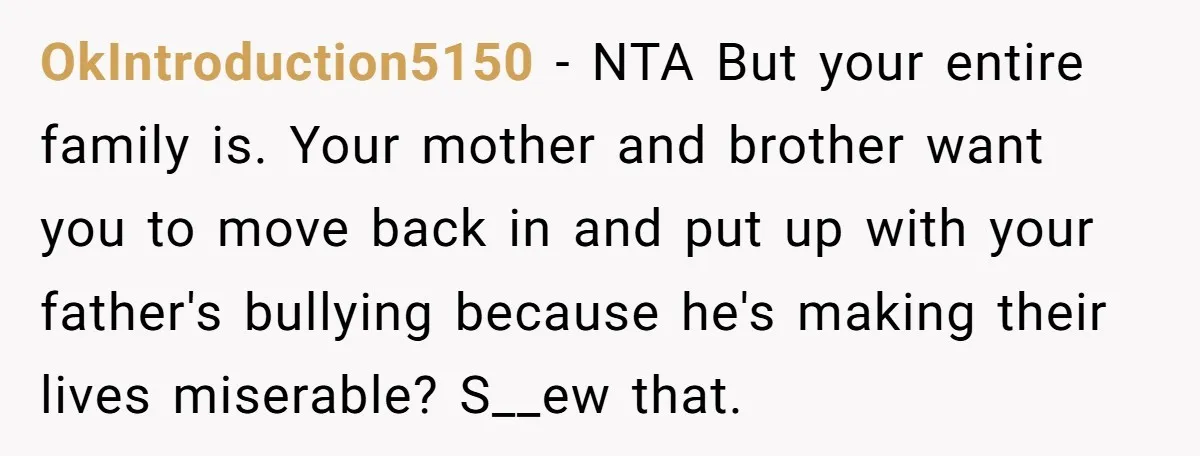 OkIntroduction5150 − NTA But your entire family is. Your mother and brother want you to move back in and put up with your father's bullying because he's making their lives...