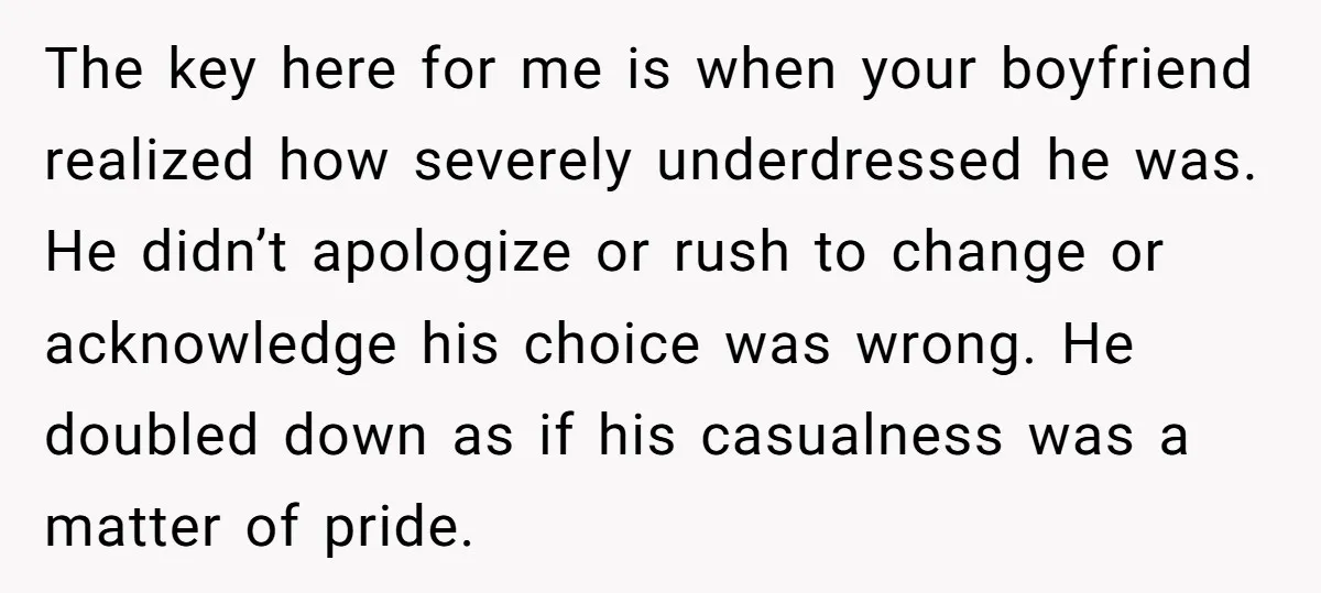 The key here for me is when your boyfriend realized how severely underdressed he was. He didn’t apologize or rush to change or acknowledge his choice was wrong. He doubled...