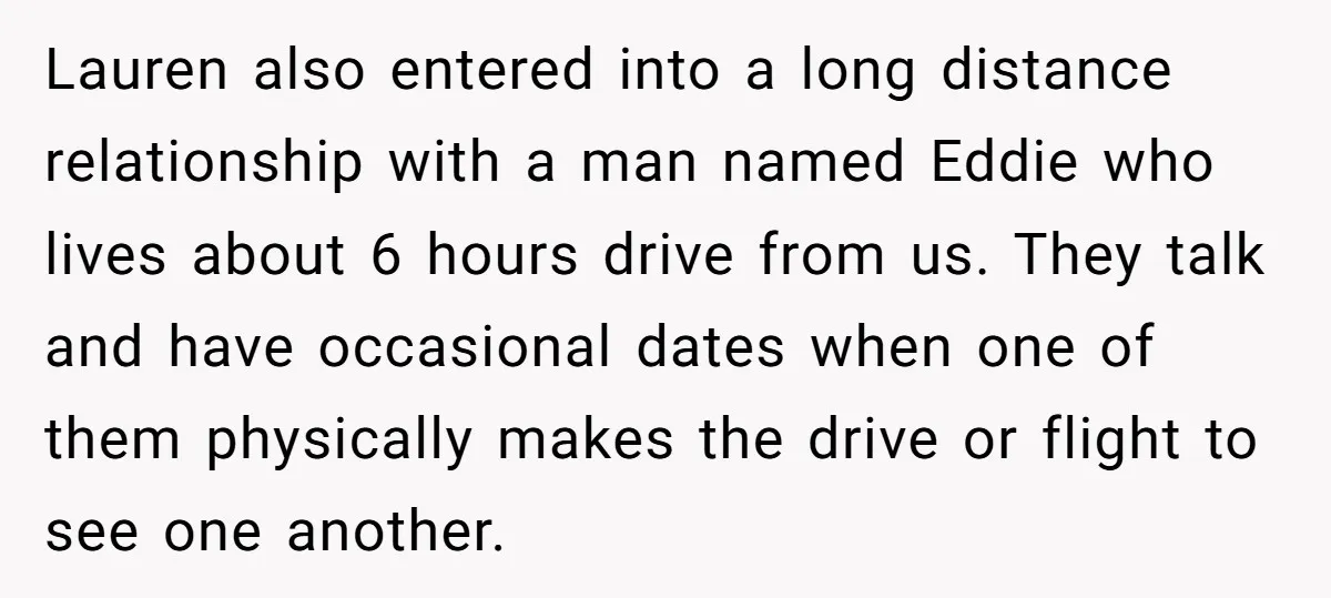 Lauren also entered into a long distance relationship with a man named Eddie who lives about 6 hours drive from us. They talk and have occasional dates when one of...