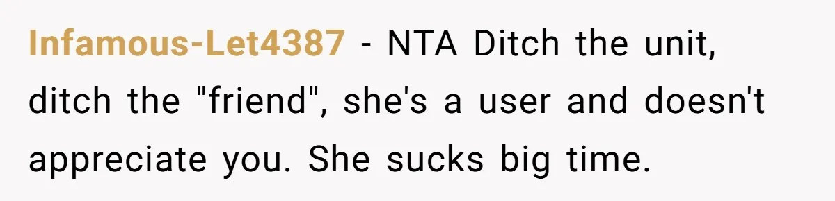 Infamous-Let4387 − NTA Ditch the unit, ditch the "friend", she's a user and doesn't appreciate you. She sucks big time.