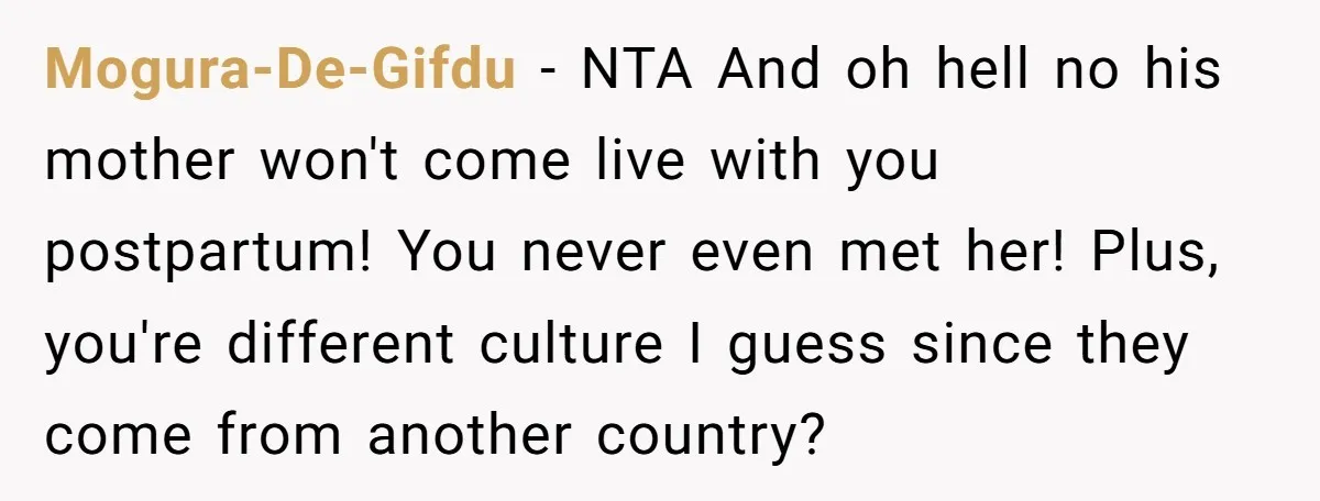 Mogura-De-Gifdu − NTA And oh hell no his mother won't come live with you postpartum! You never even met her! Plus, you're different culture I guess since they come from...
