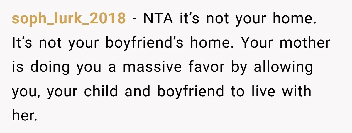 soph_lurk_2018 − NTA it’s not your home. It’s not your boyfriend’s home. Your mother is doing you a massive favor by allowing you, your child and boyfriend to live with...