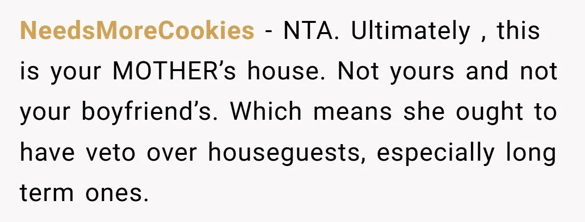 NeedsMoreCookies − NTA. Ultimately , this is your MOTHER’s house. Not yours and not your boyfriend’s. Which means she ought to have veto over houseguests, especially long term ones.