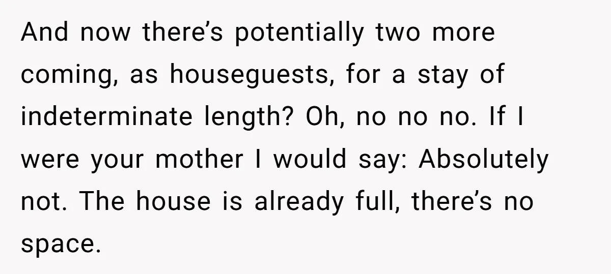 And now there’s potentially two more coming, as houseguests, for a stay of indeterminate length? Oh, no no no. If I were your mother I would say: Absolutely not. The...