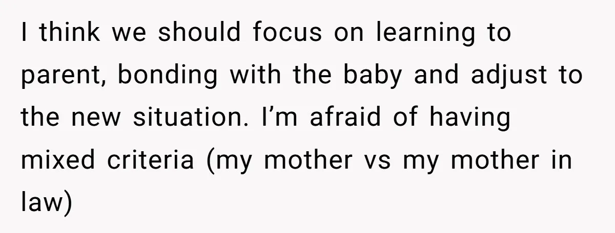 I think we should focus on learning to parent, bonding with the baby and adjust to the new situation. I’m afraid of having mixed criteria (my mother vs my mother...
