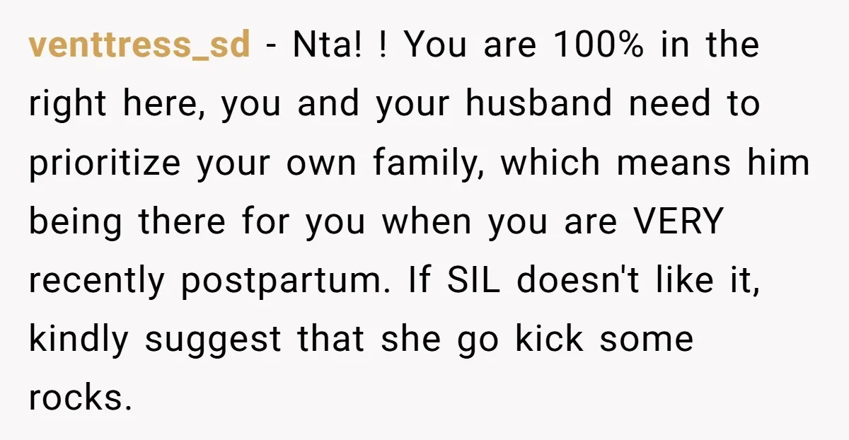 venttress_sd − Nta! ! You are 100% in the right here, you and your husband need to prioritize your own family, which means him being there for you when you...
