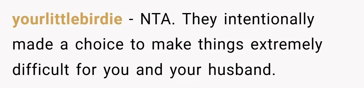 yourlittlebirdie − NTA. They intentionally made a choice to make things extremely difficult for you and your husband.
