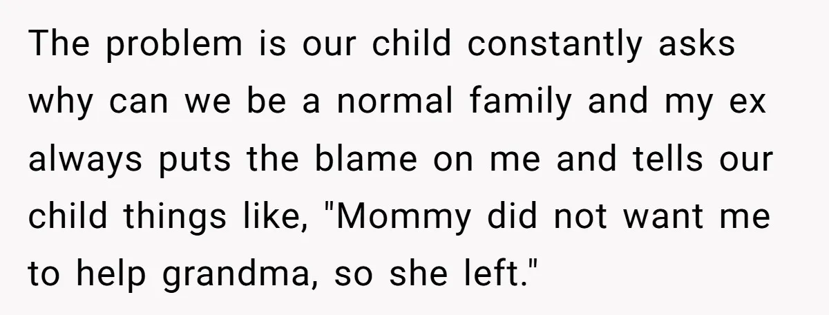 The problem is our child constantly asks why can we be a normal family and my ex always puts the blame on me and tells our child things like, "Mommy...