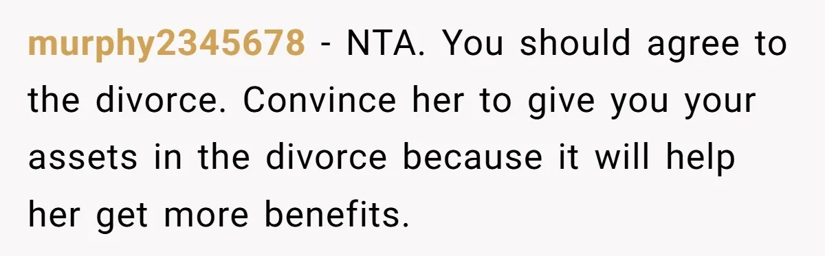 murphy2345678 − NTA. You should agree to the divorce. Convince her to give you your assets in the divorce because it will help her get more benefits.