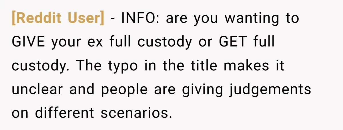 [Reddit User] − INFO: are you wanting to GIVE your ex full custody or GET full custody. The typo in the title makes it unclear and people are giving judgements...