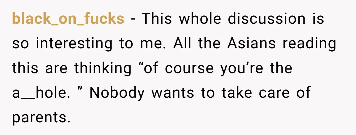 black_on_fucks − This whole discussion is so interesting to me. All the Asians reading this are thinking “of course you’re the a__hole. ” Nobody wants to take care of parents.