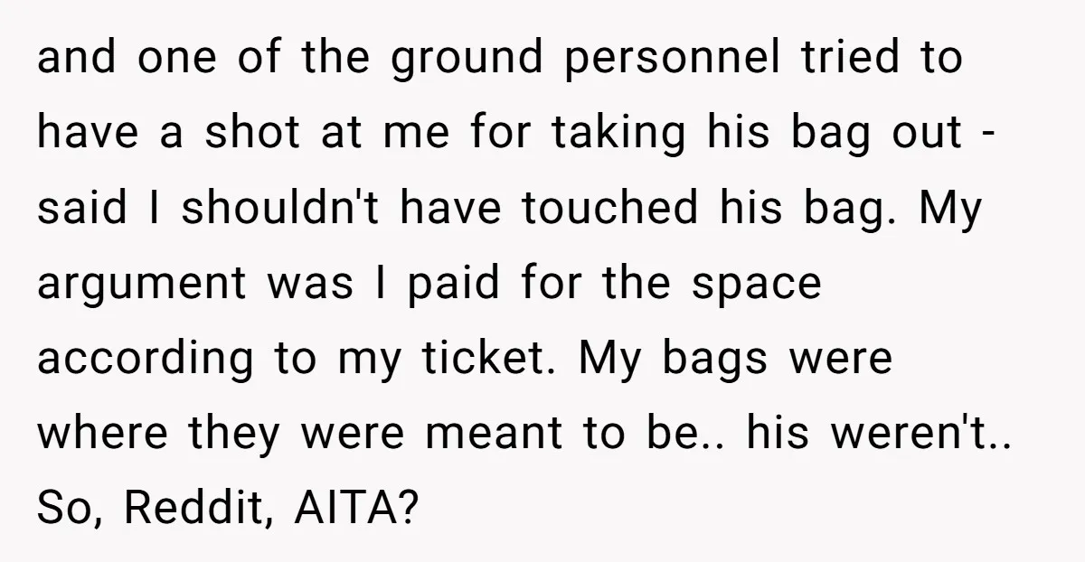 and one of the ground personnel tried to have a shot at me for taking his bag out - said I shouldn't have touched his bag. My argument was I...