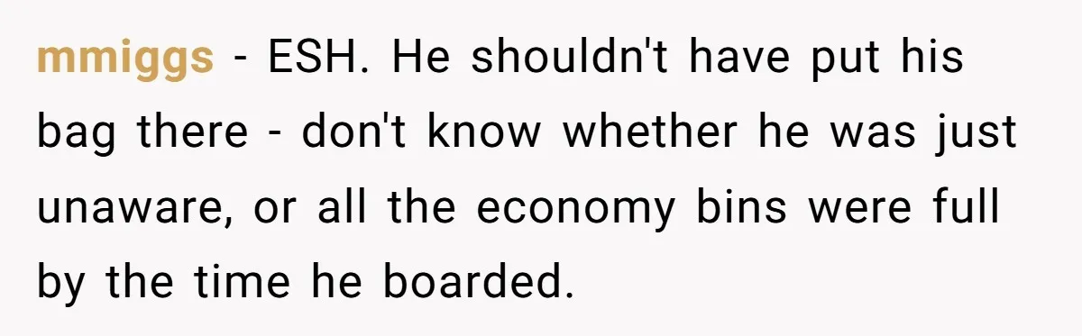 mmiggs − ESH. He shouldn't have put his bag there - don't know whether he was just unaware, or all the economy bins were full by the time he boarded.