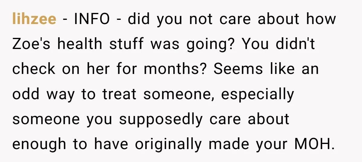 lihzee - INFO - did you not care about how Zoe's health stuff was going? You didn't check on her for months? Seems like an odd way to treat someone,...
