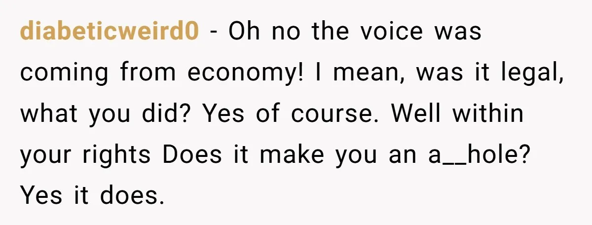 diabeticweird0 − Oh no the voice was coming from economy! I mean, was it legal, what you did? Yes of course. Well within your rights Does it make you an...