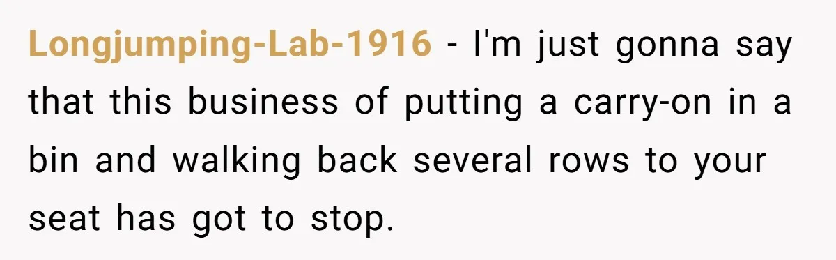 Longjumping-Lab-1916 − I'm just gonna say that this business of putting a carry-on in a bin and walking back several rows to your seat has got to stop.