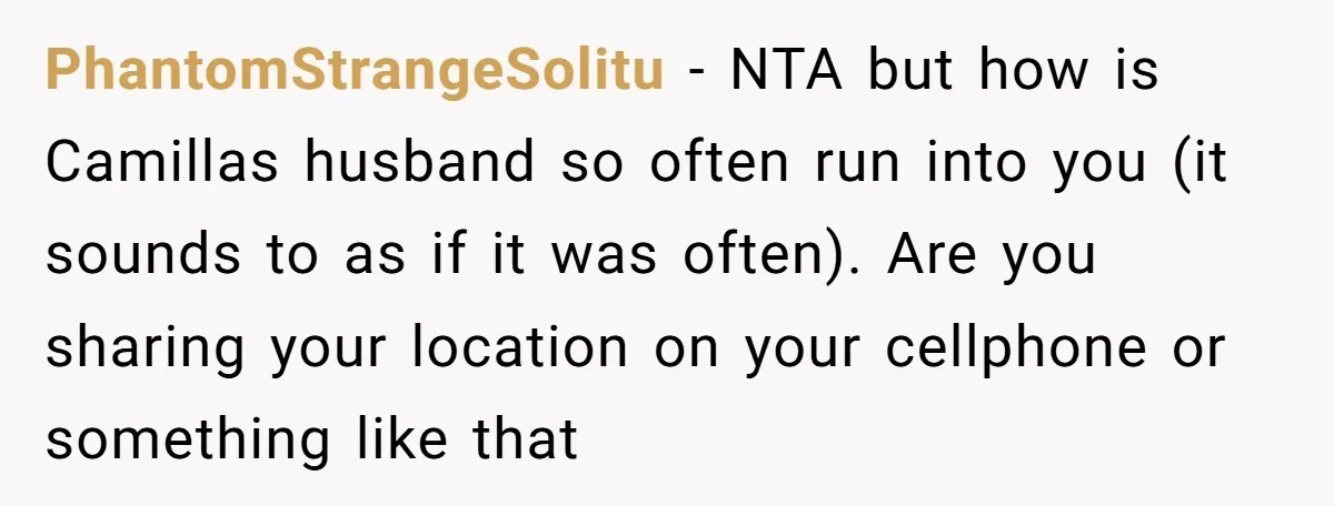 PhantomStrangeSolitu − NTA but how is Camillas husband so often run into you (it sounds to as if it was often). Are you sharing your location on your cellphone or...