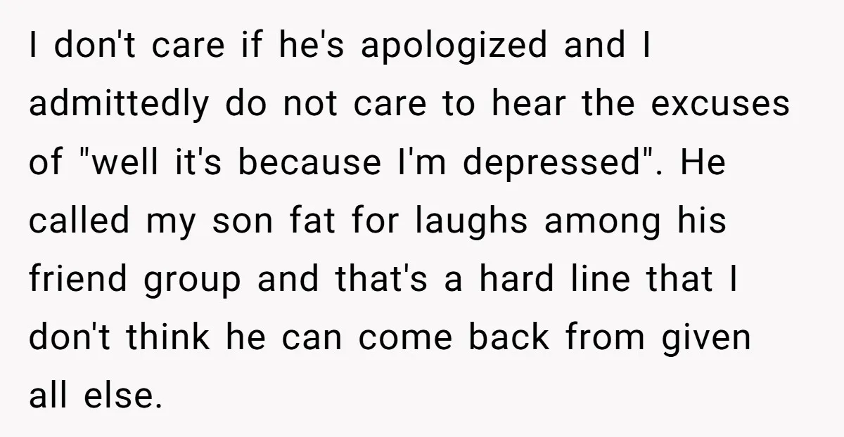 I don't care if he's apologized and I admittedly do not care to hear the excuses of "well it's because I'm depressed". He called my son fat for laughs among...