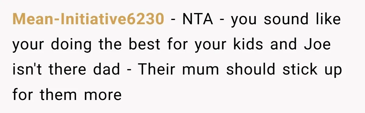 Mean-Initiative6230 - NTA - you sound like your doing the best for your kids and Joe isn't there dad - Their mum should stick up for them more