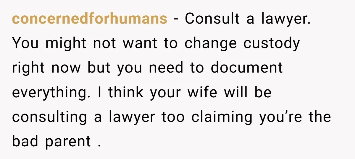 concernedforhumans - Consult a lawyer. You might not want to change custody right now but you need to document everything. I think your wife will be consulting a lawyer too...