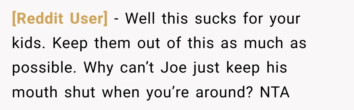 [Reddit User] - Well this sucks for your kids. Keep them out of this as much as possible. Why can’t Joe just keep his mouth shut when you’re around? NTA