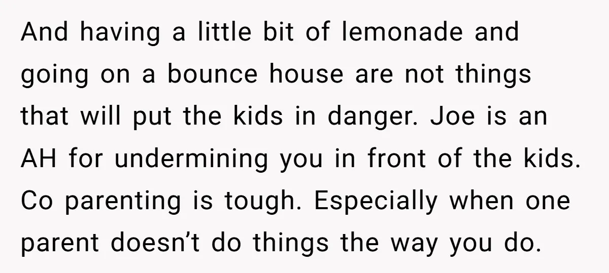 And having a little bit of lemonade and going on a bounce house are not things that will put the kids in danger. Joe is an AH for undermining you...