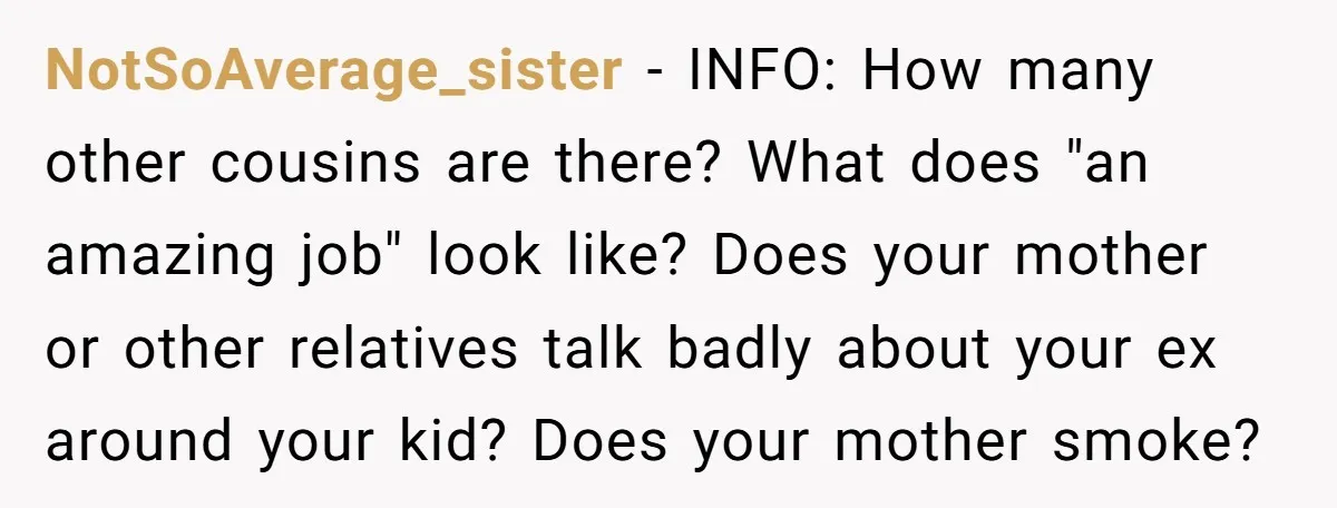 NotSoAverage_sister − INFO: How many other cousins are there? What does "an amazing job" look like? Does your mother or other relatives talk badly about your ex around your kid?...