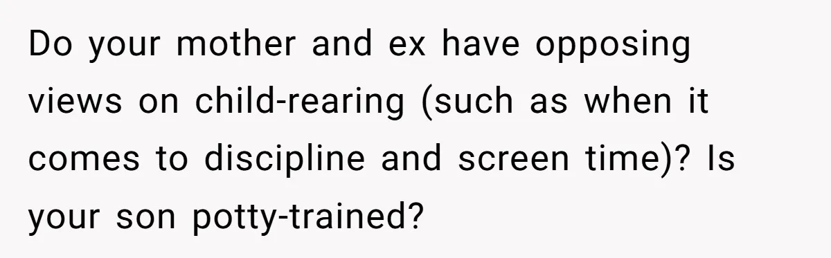 Do your mother and ex have opposing views on child-rearing (such as when it comes to discipline and screen time)? Is your son potty-trained?