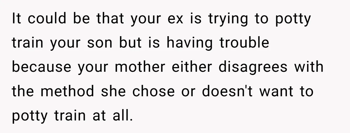 It could be that your ex is trying to potty train your son but is having trouble because your mother either disagrees with the method she chose or doesn't want...