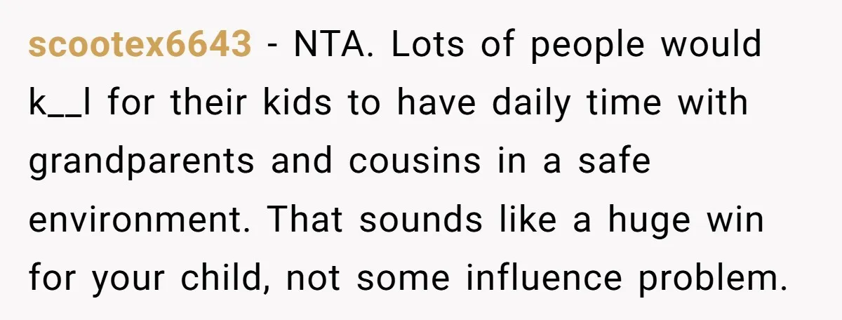 scootex6643 − NTA. Lots of people would k__l for their kids to have daily time with grandparents and cousins in a safe environment. That sounds like a huge win for...