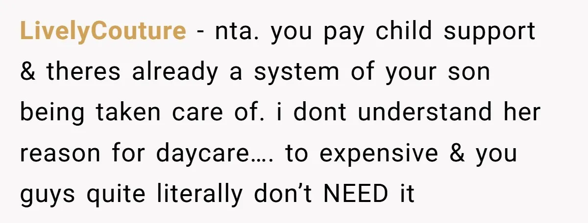 LivelyCouture − nta. you pay child support & theres already a system of your son being taken care of. i dont understand her reason for daycare…. to expensive & you...
