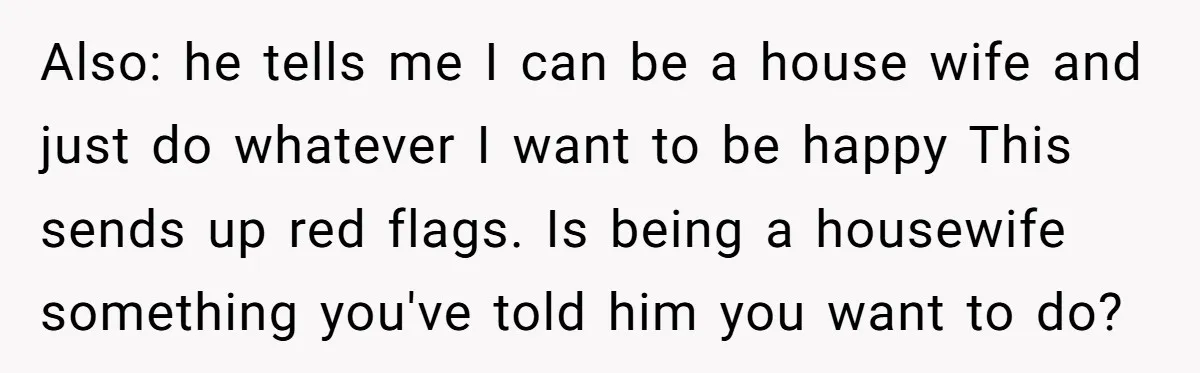 Also: he tells me I can be a house wife and just do whatever I want to be happy This sends up red flags. Is being a housewife something you've...