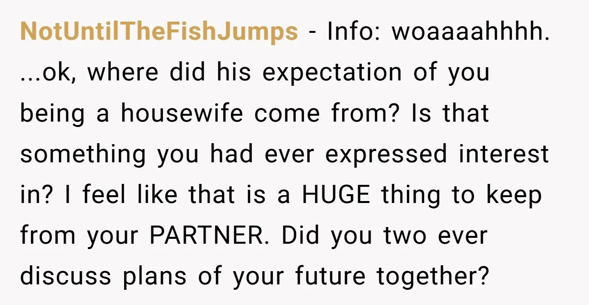 NotUntilTheFishJumps − Info: woaaaahhhh. ...ok, where did his expectation of you being a housewife come from? Is that something you had ever expressed interest in? I feel like that is...