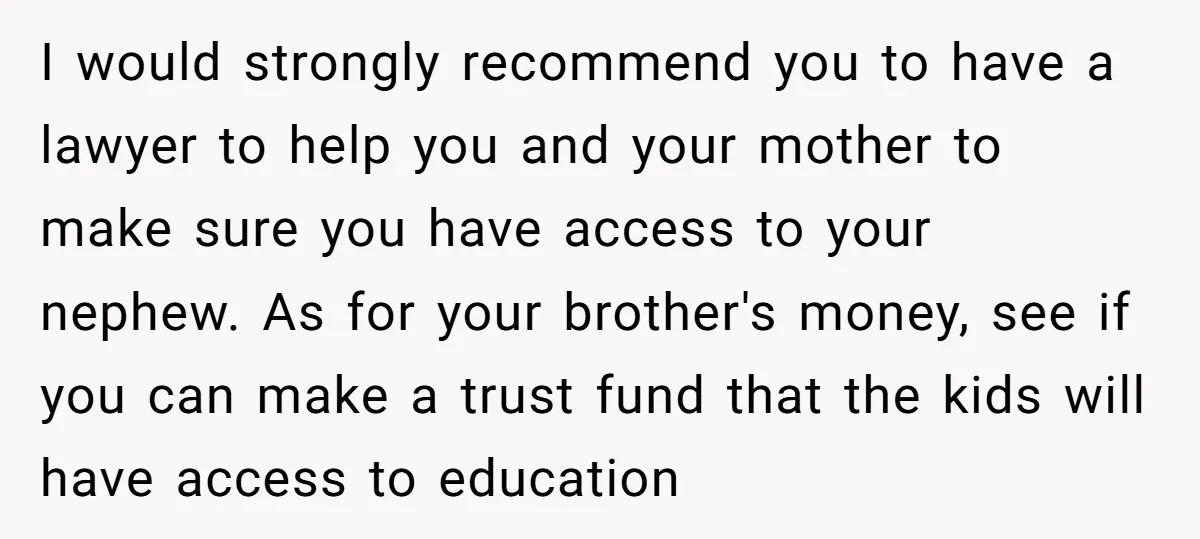 I would strongly recommend you to have a lawyer to help you and your mother to make sure you have access to your nephew. As for your brother's money, see...