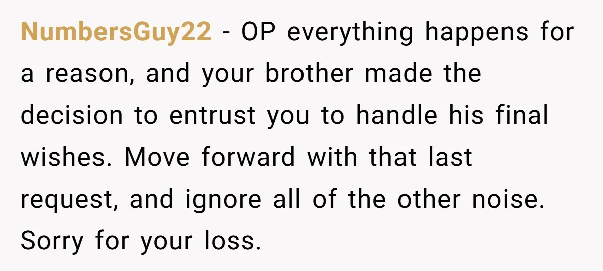 NumbersGuy22 - OP everything happens for a reason, and your brother made the decision to entrust you to handle his final wishes. Move forward with that last request, and ignore...