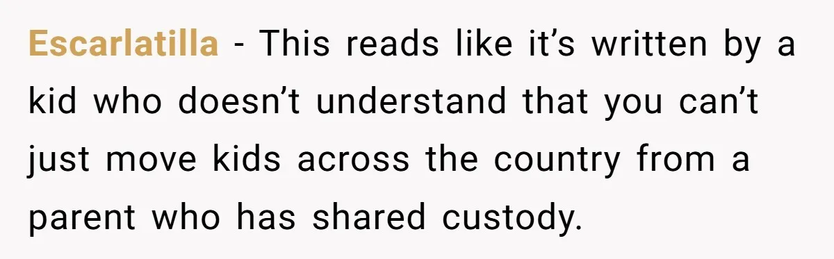 Escarlatilla - This reads like it’s written by a kid who doesn’t understand that you can’t just move kids across the country from a parent who has shared custody.