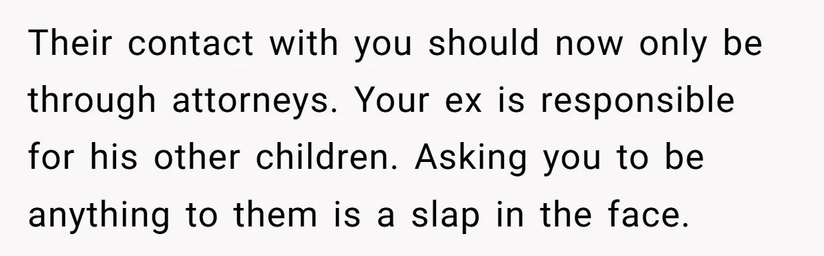 Their contact with you should now only be through attorneys. Your ex is responsible for his other children. Asking you to be anything to them is a slap in the...
