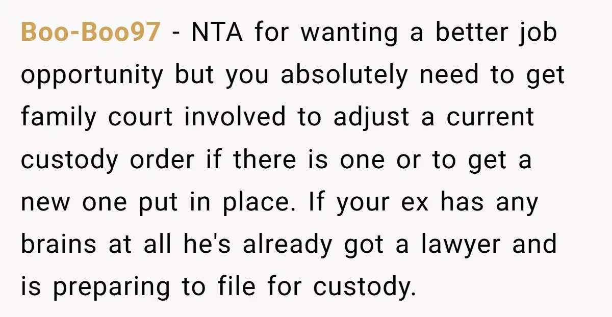 Boo-Boo97 - NTA for wanting a better job opportunity but you absolutely need to get family court involved to adjust a current custody order if there is one or to...