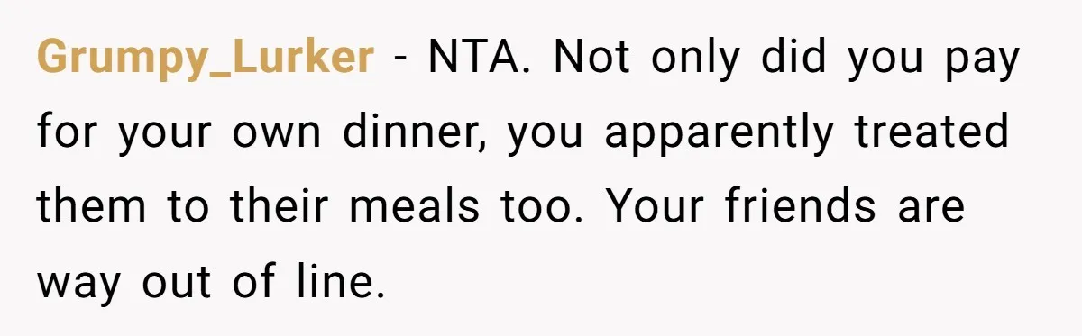 Grumpy_Lurker − NTA. Not only did you pay for your own dinner, you apparently treated them to their meals too. Your friends are way out of line.