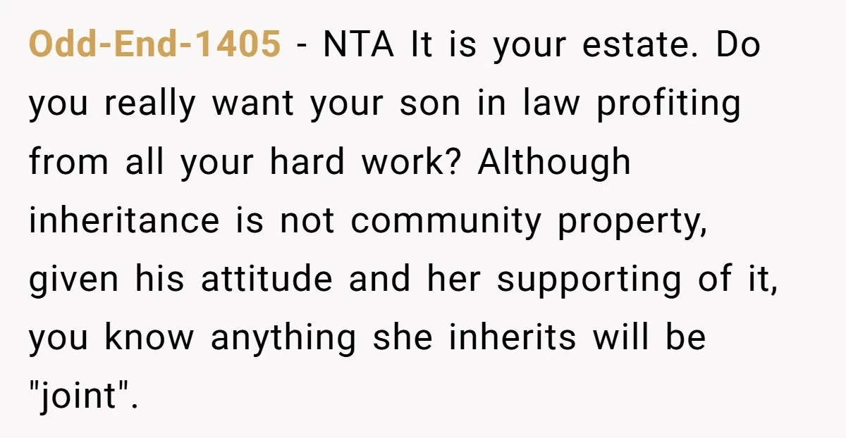 Odd-End-1405 − NTA It is your estate. Do you really want your son in law profiting from all your hard work? Although inheritance is not community property, given his attitude...