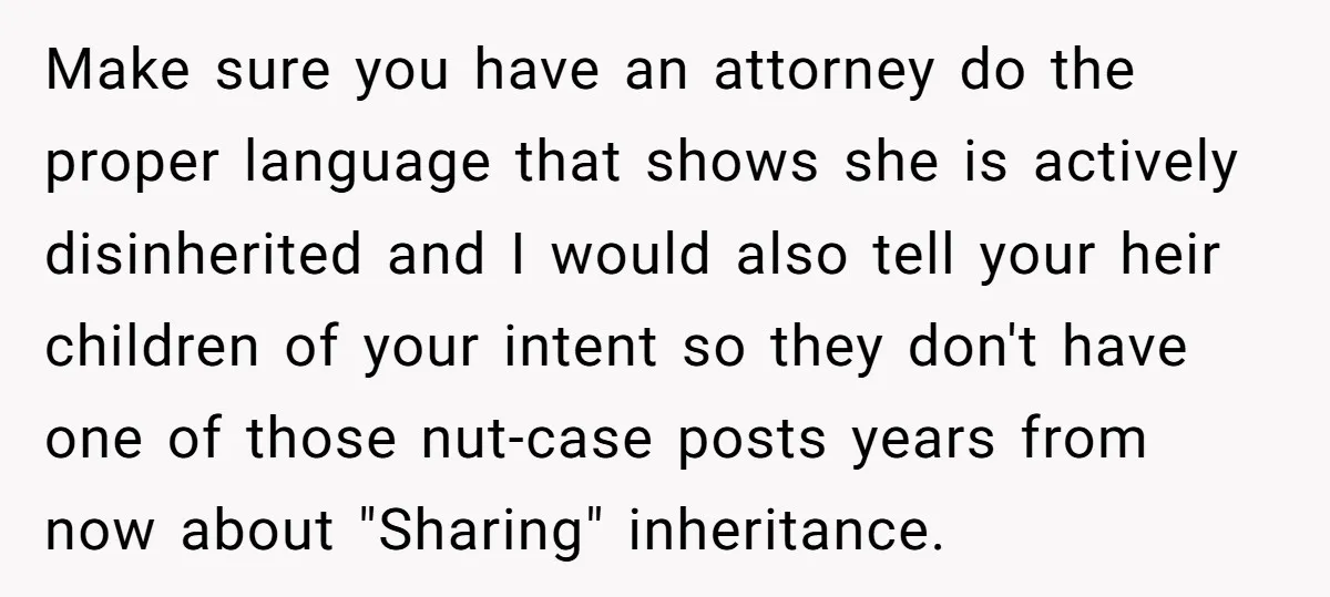 Make sure you have an attorney do the proper language that shows she is actively disinherited and I would also tell your heir children of your intent so they don't...