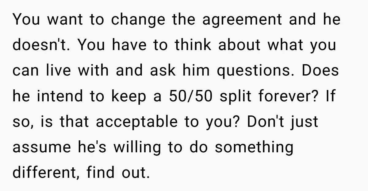 You want to change the agreement and he doesn't. You have to think about what you can live with and ask him questions. Does he intend to keep a 50/50...