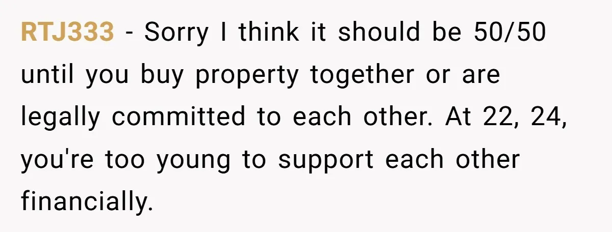 RTJ333 - Sorry I think it should be 50/50 until you buy property together or are legally committed to each other. At 22, 24, you're too young to support each...