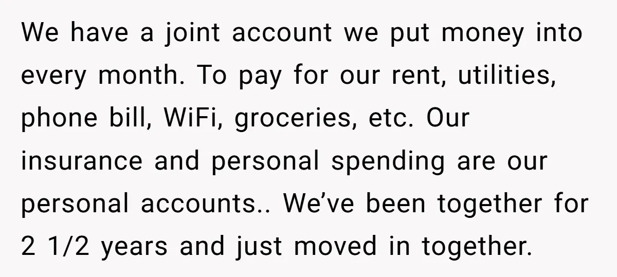 We have a joint account we put money into every month. To pay for our rent, utilities, phone bill, WiFi, groceries, etc. Our insurance and personal spending are our personal...