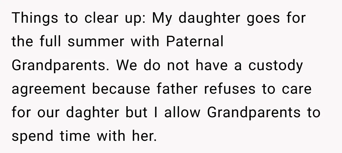 Things to clear up: My daughter goes for the full summer with Paternal Grandparents. We do not have a custody agreement because father refuses to care for our daghter but...